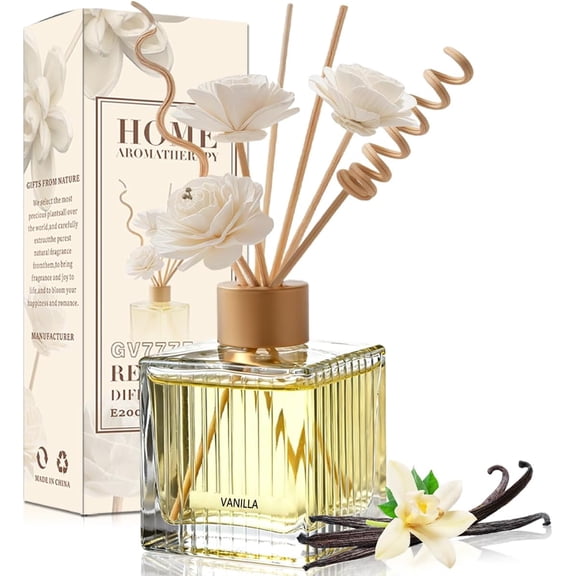 Vanilla Reed Diffuser - 6.7 oz Glass Bottle with 4 Rattan Sticks, 3 Dried Flowers | Adjustable, Long-Lasting Scent for Home, Bedroom, Living Room, Office, Bathroom Aromatherapy Gift