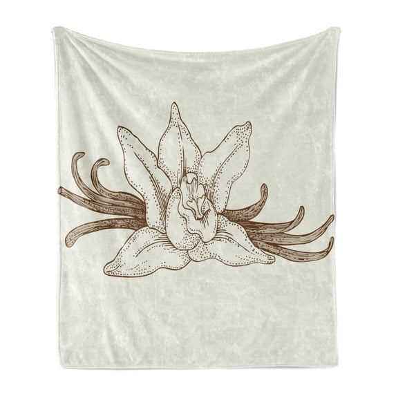 Vanilla Soft Flannel Fleece Throw Blanket, Vintage Nostalgic Drawing of Aromatic Exotic Flavor Flower Print, Cozy Plush for Indoor and Outdoor Use, 50" x 70", Ivory and Umber, by Ambesonne