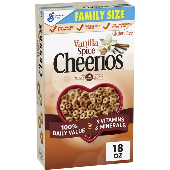 Vanilla Spice Cheerios Heart Healthy Cereal, Gluten Free Cereal With Whole Grain Oats, Family Size, 18 oz
