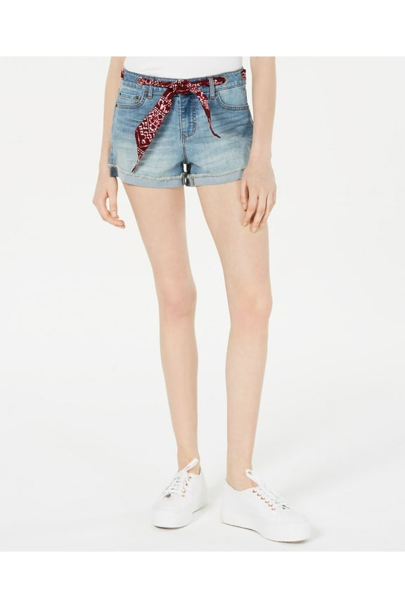 Vanilla Star Juniors Bandanna Belted Cuffed Denim Shorts