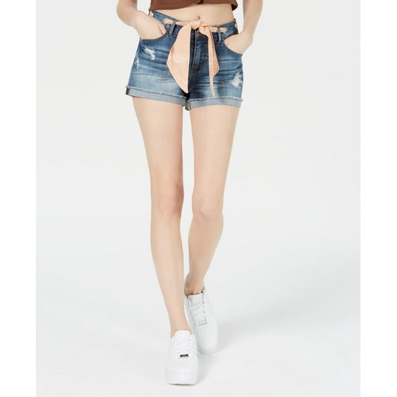 Vanilla Star Juniors Bandanna-Belted Cuffed Denim Shorts