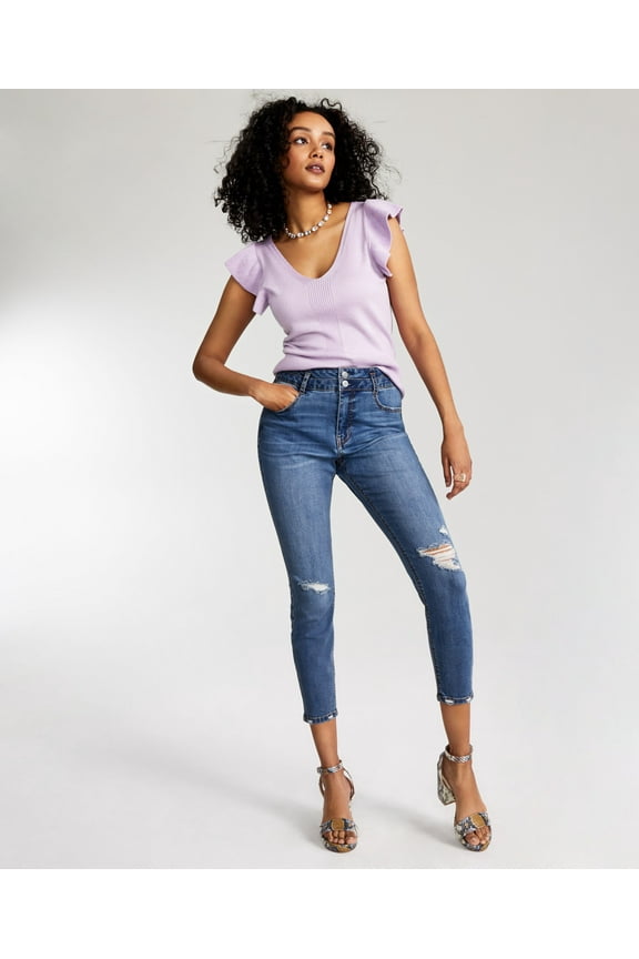 Juniors' Curvy Double-Button Skinny Jeans Blue Anders 1