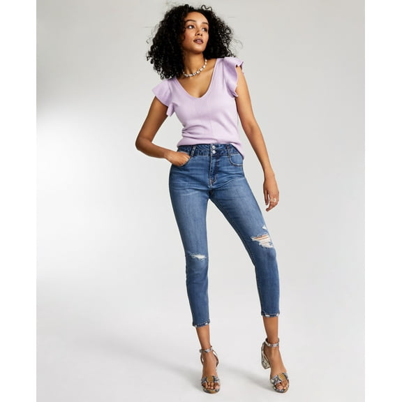 Vanilla Star Juniors' Curvy Double-Button Skinny Jeans Blue Anders 1