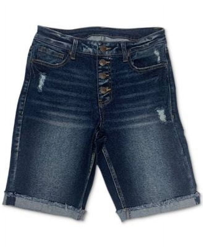 Vanilla Star Juniors' Ripped High Rise Button-Fly Denim Bermuda Shorts Navy 5