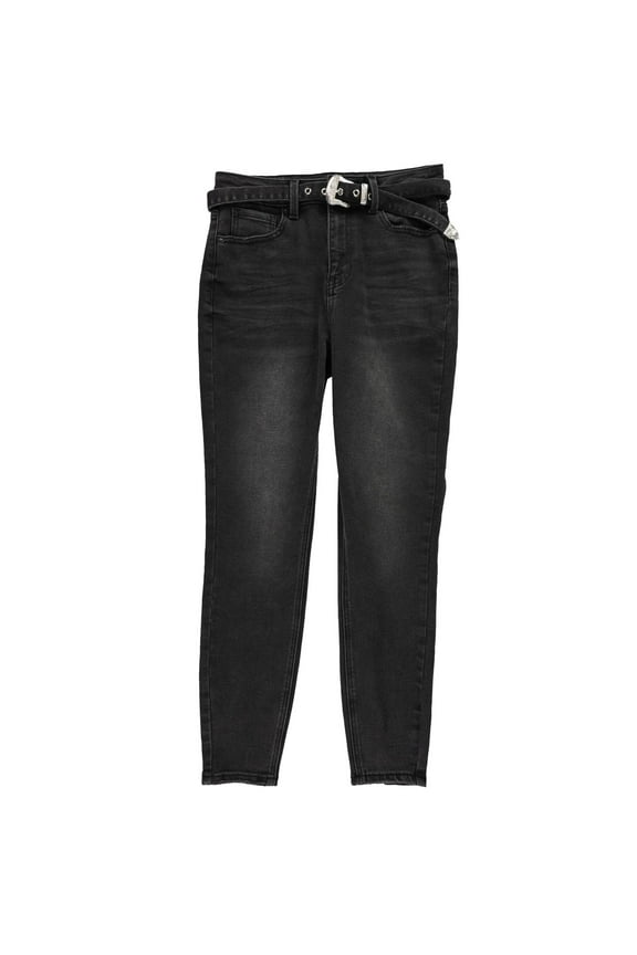 Womens Belted Skinny Fit Jeans, Black, 27
