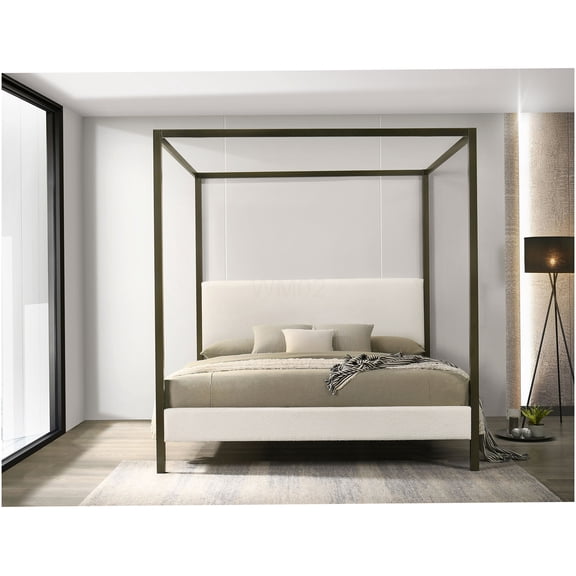 Vanilla White Upholstered King Canopy Bed Frame with Boucle Headboard, No Box Spring Needed, Modern Platform Bed with Bronze Metal Frame