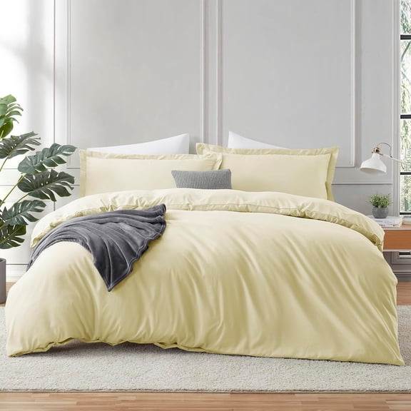 Vanilla Yellow Duvet Cover Queen Size - 3 Piece Soft Double Brushed Bedding Set - Includes 1 Queen Duvet Cover with Button Closure 90x90 inches and 2 Pillow Shams