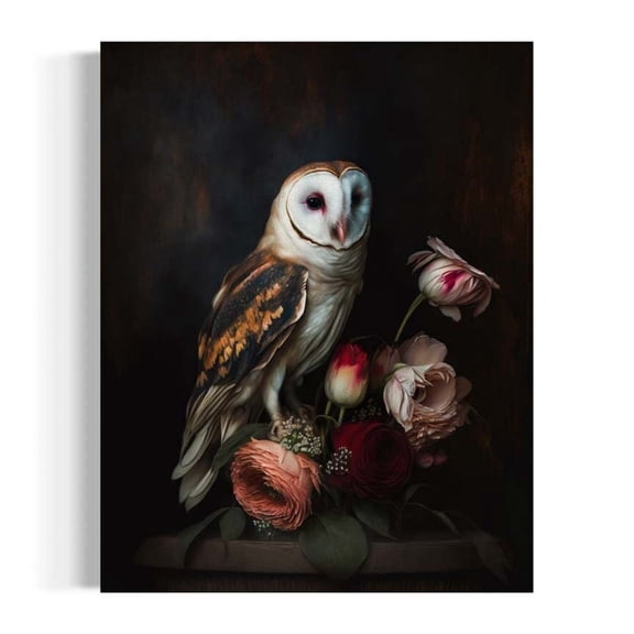 Vanitas Owl Still Life, Vintage Gothic Owl, Black and Gold Moody Dark Aesthetic Artwork, Dark Academia Antique Floral RD324 Unframed Paper Print