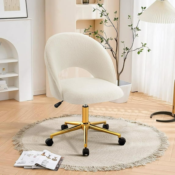 Vanity Accent Chair, Modern Cute Round Desk Chairs with Wheels Adjustment Height Swivel Chair Upholstered Sherpa Gold Metal Base for Makeup Living Room Bedroom,White