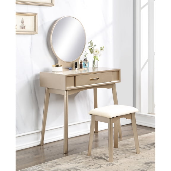 Vanity And Stool In Gold Wood - Modern Design With Mirror Drawer For Balcony Package Stylish Functional Home