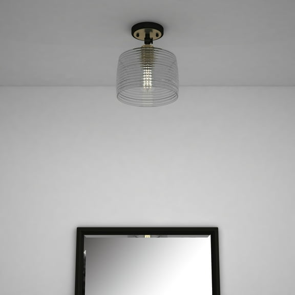 Vanity Art 1-Light Industrial Flush Mount Ceiling Light fixture in Black W/Antique Brass with Clear Glass Shade Semi Flush Mount for Hallway, Entryway, Foyer, Bedroom, Cafe, Bar FM206-1BK-AB-CL