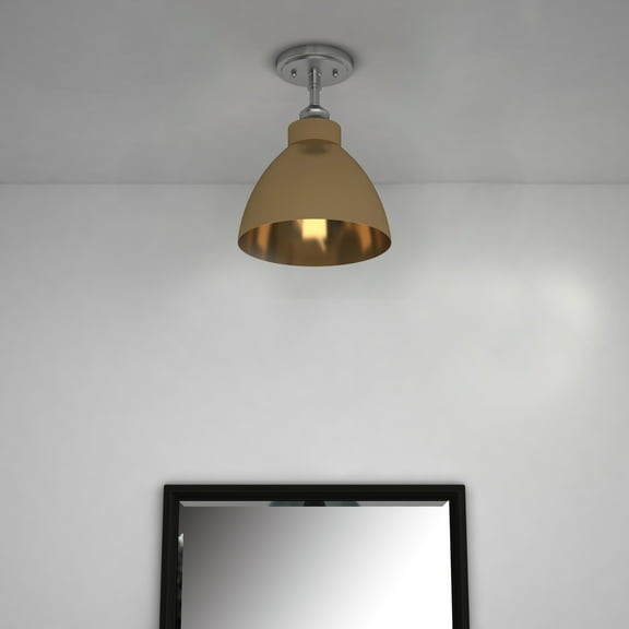 Vanity Art 1-Light Industrial Flush Mount Ceiling Light fixture in Satin Nickel with Painted Gold Metal Shade Semi Flush Mount for Hallway, Entryway, Foyer, Bedroom, Cafe, Bar FM221-1SN-GL