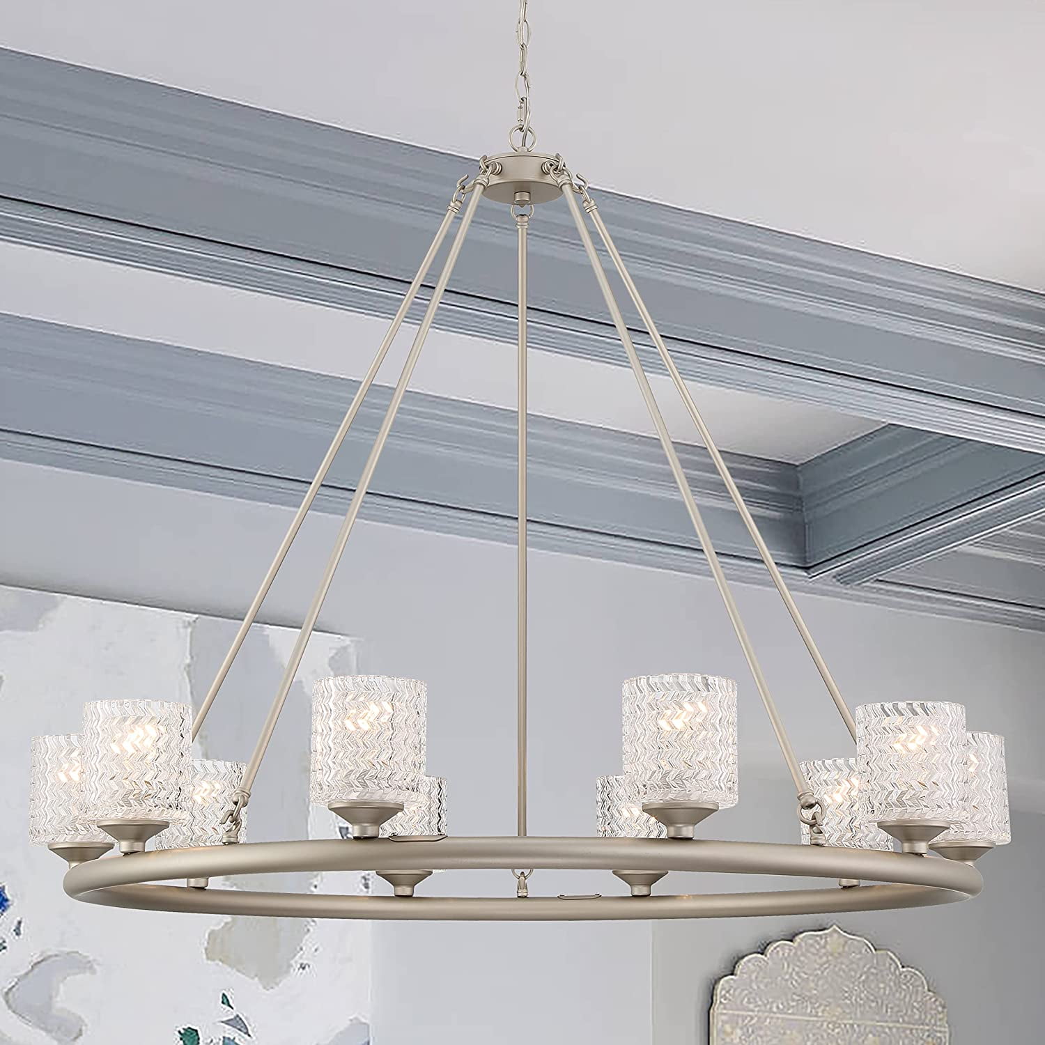 Antique Silver Crystal Wagon Wheel Chandelier with Glass Shades