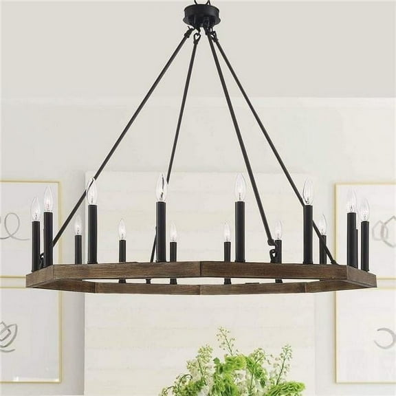 Vanity Art 10586DW-BK 39.75 x 39.75 x 38 in. 16-Light Candle Style Wagon Wheel Chandelier, Darkwood & Black