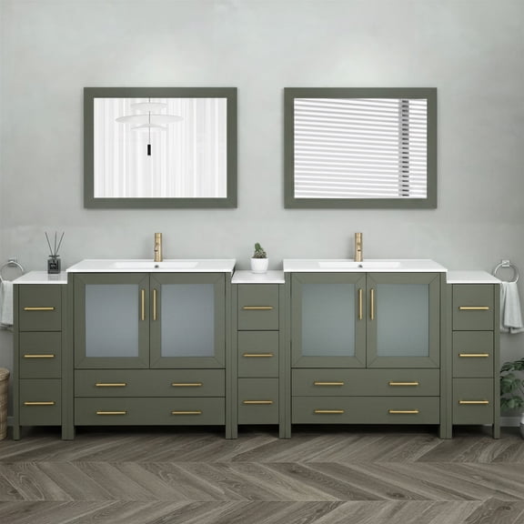 Vanity Art 108" Double Sink Freestanding Bathroom Vanity Set with Ceramic Top and Mirror