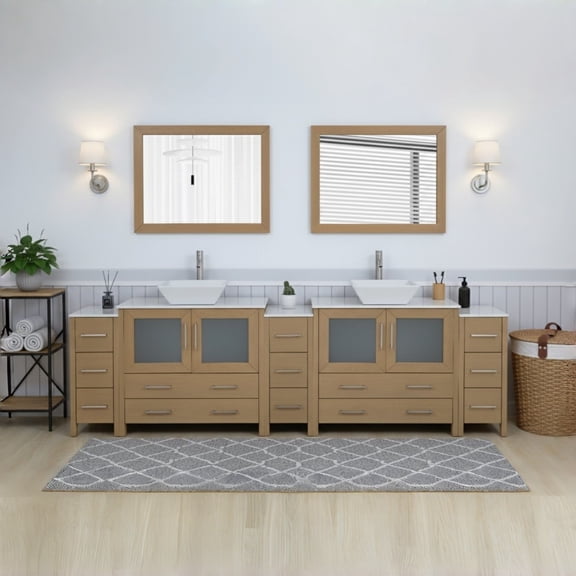 Vanity Art 108" Double Sink Freestanding Bathroom Vanity Set with Engineered Marble Top and Mirror