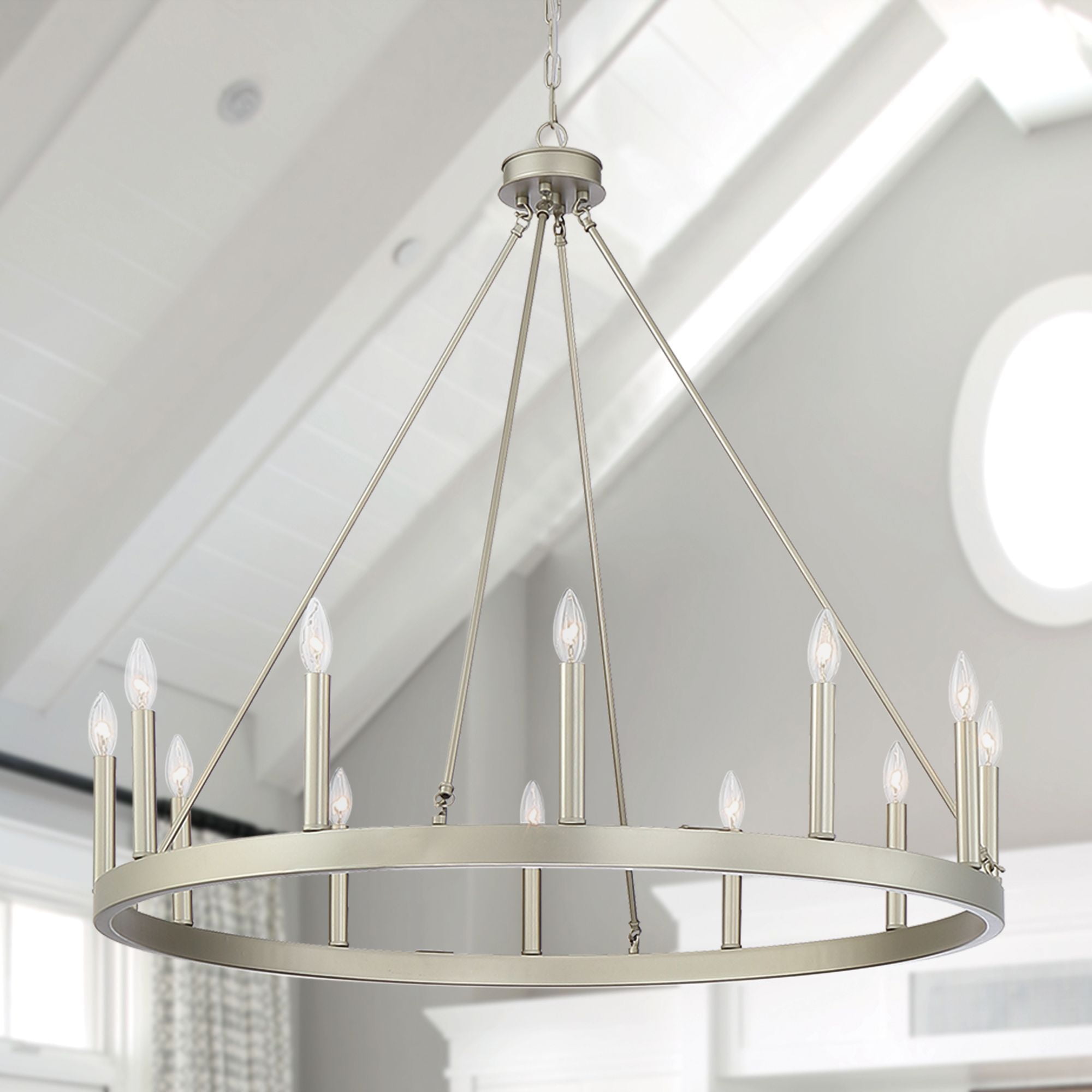 Antique Silver 12-Light Oval Wagon Wheel Chandelier