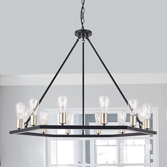 Vanity Art 12 Lights Wagon Wheel Chandelier Lighting Farmhouse Candle Ceiling Light Fixtures for Living Room Kitchen Dining Room MLT3112LT-BD-BK