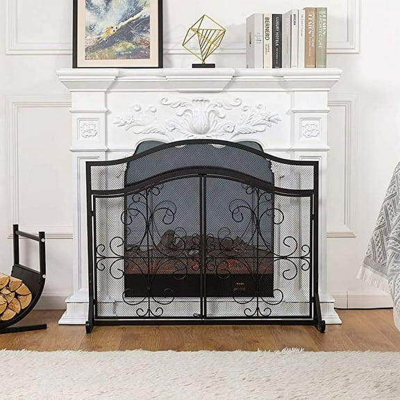 Vanity Art 2-Door Iron Fireplace Screen | Heavy-Duty and Heat-Resistant Fashion 2 Panel Unique Pattern Iron Fireplace Screen with 31.1-inch Height, Black, MLT2055FP-BK