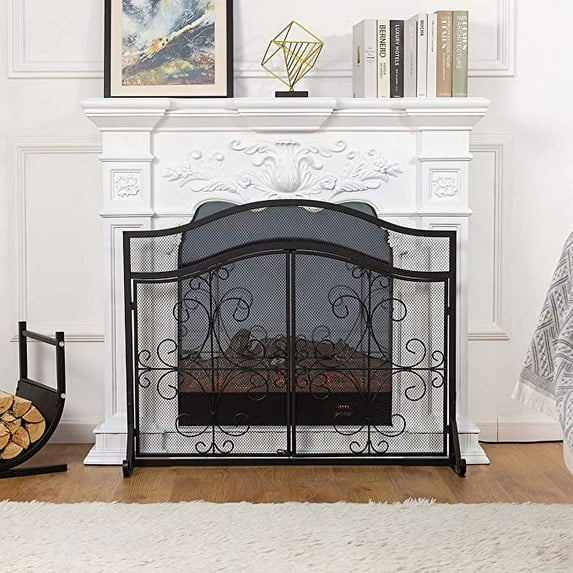 Vanity Art 2-Door Iron Fireplace Screen | Heavy-Duty and Heat-Resistant Fashion 2 Panel Unique Pattern Iron Fireplace Screen with 31.1-inch Height, Black, MLT2055FP-BK