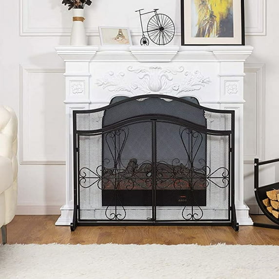Vanity Art 2 Panel Iron Fireplace Screen | Heavy-Duty and Heat-Resistant Elegant 2 Panel Unique Pattern Iron Fireplace Screen with 31.1-inch Height, Black, MLT2077FP-BK
