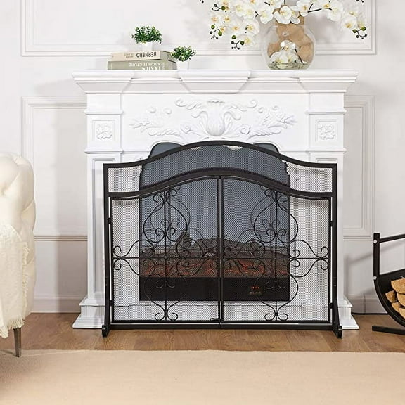 Vanity Art 2 Panel Iron Fireplace Screen | Heavy-Duty and Heat-Resistant Elegant 2 Panel Unique Pattern Iron Fireplace Screen with 31.1-inch Height, Black, MLT2099FP-BK