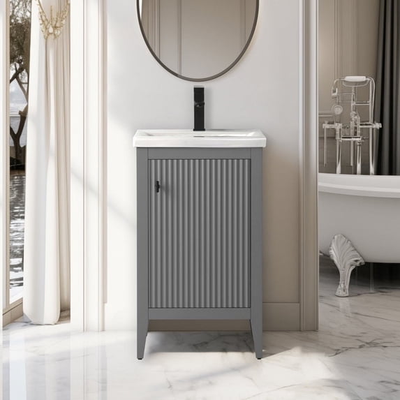 Vanity Art 20" Bathroom Vanity Cabinet with Ceramic Undermount Sink, Freestanding Storage Cabinet with Ceramic Top, and Removable Shelve