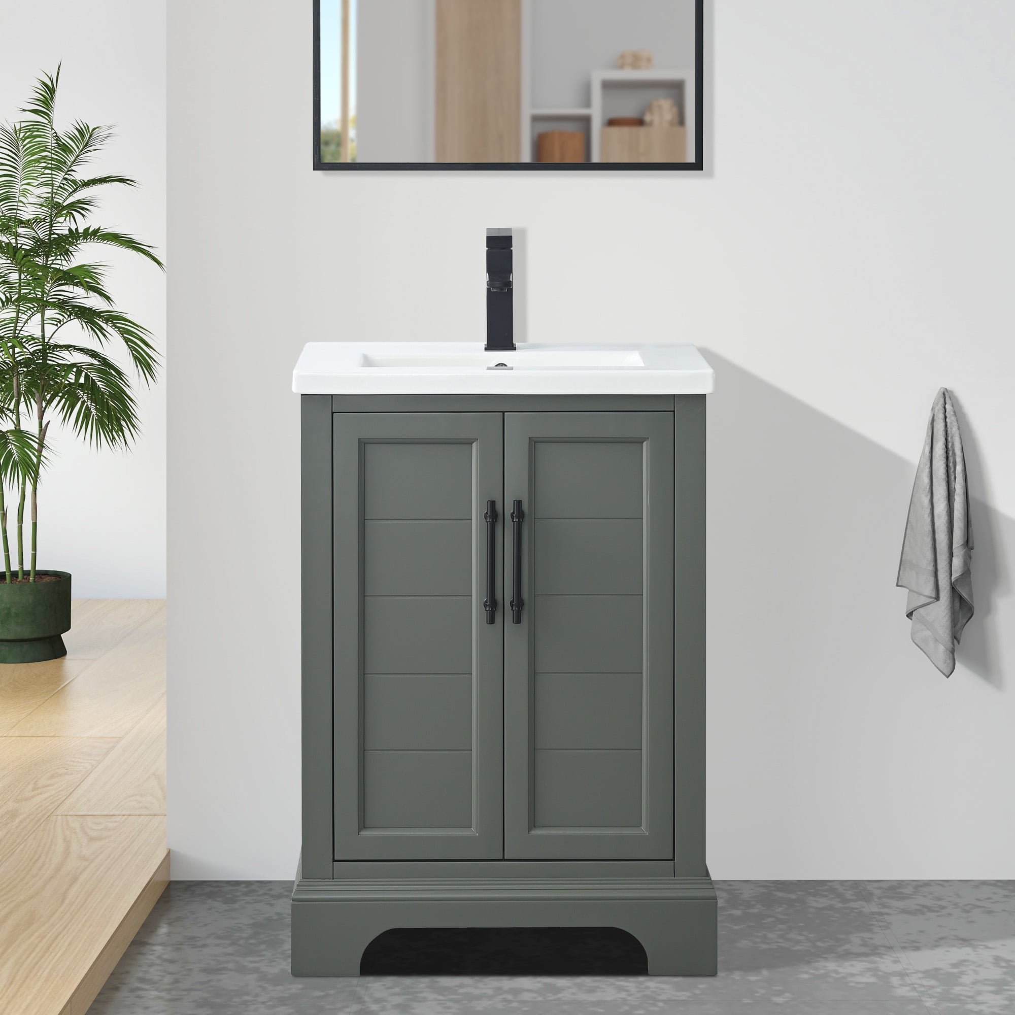 Vintage Green 24" Freestanding Single Sink Bathroom Vanity with Ceramic Top