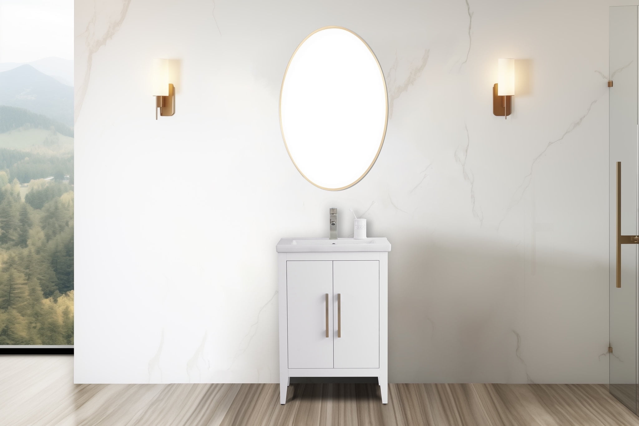 24" White Single Sink Bathroom Vanity with Ceramic Top
