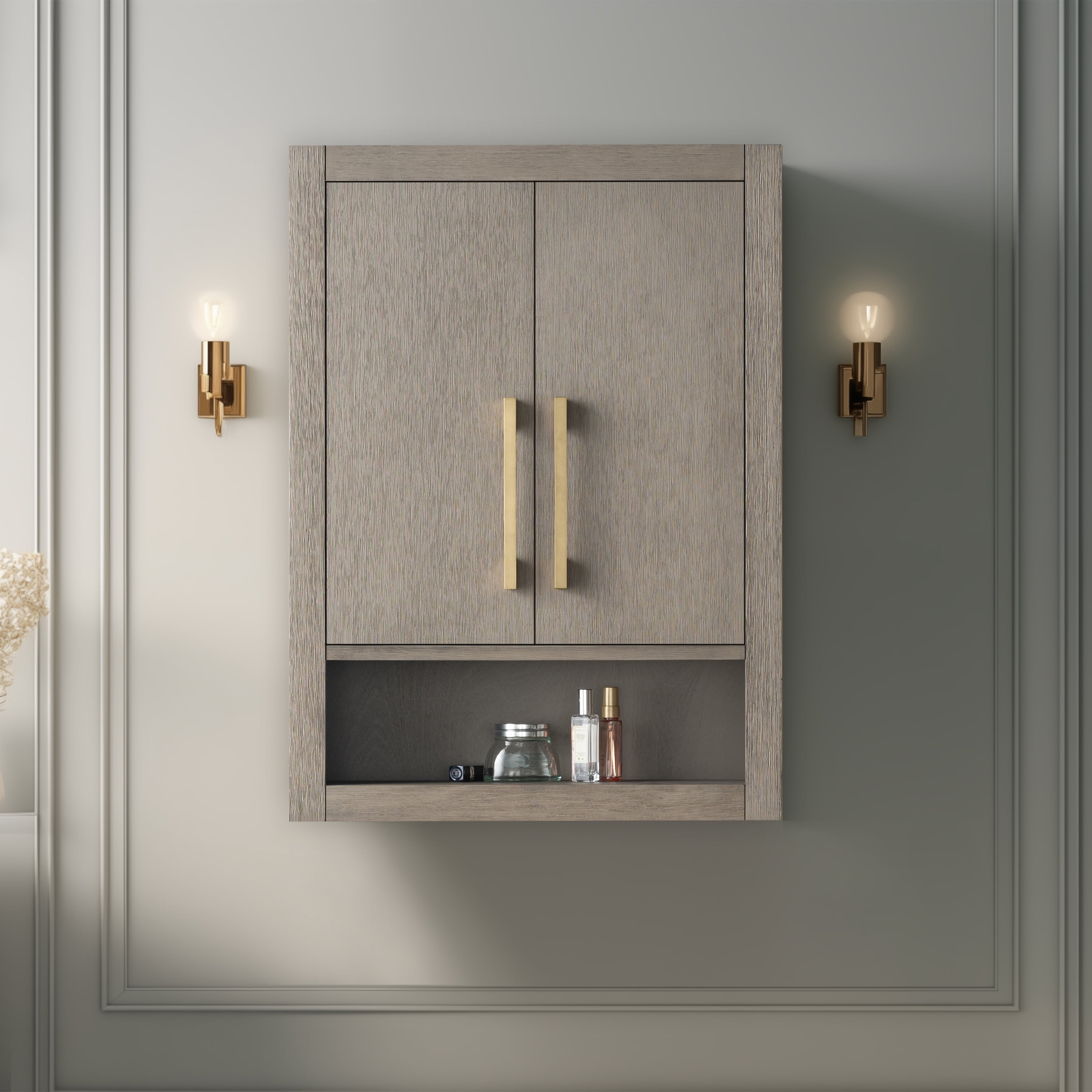 Driftwood Gray Wall Mounted Bathroom Storage Cabinet with Golden Handles