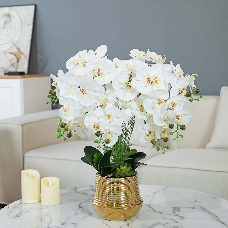 26.77" White Orchid Floral Arrangement in Gold-Plated Ceramic Vase