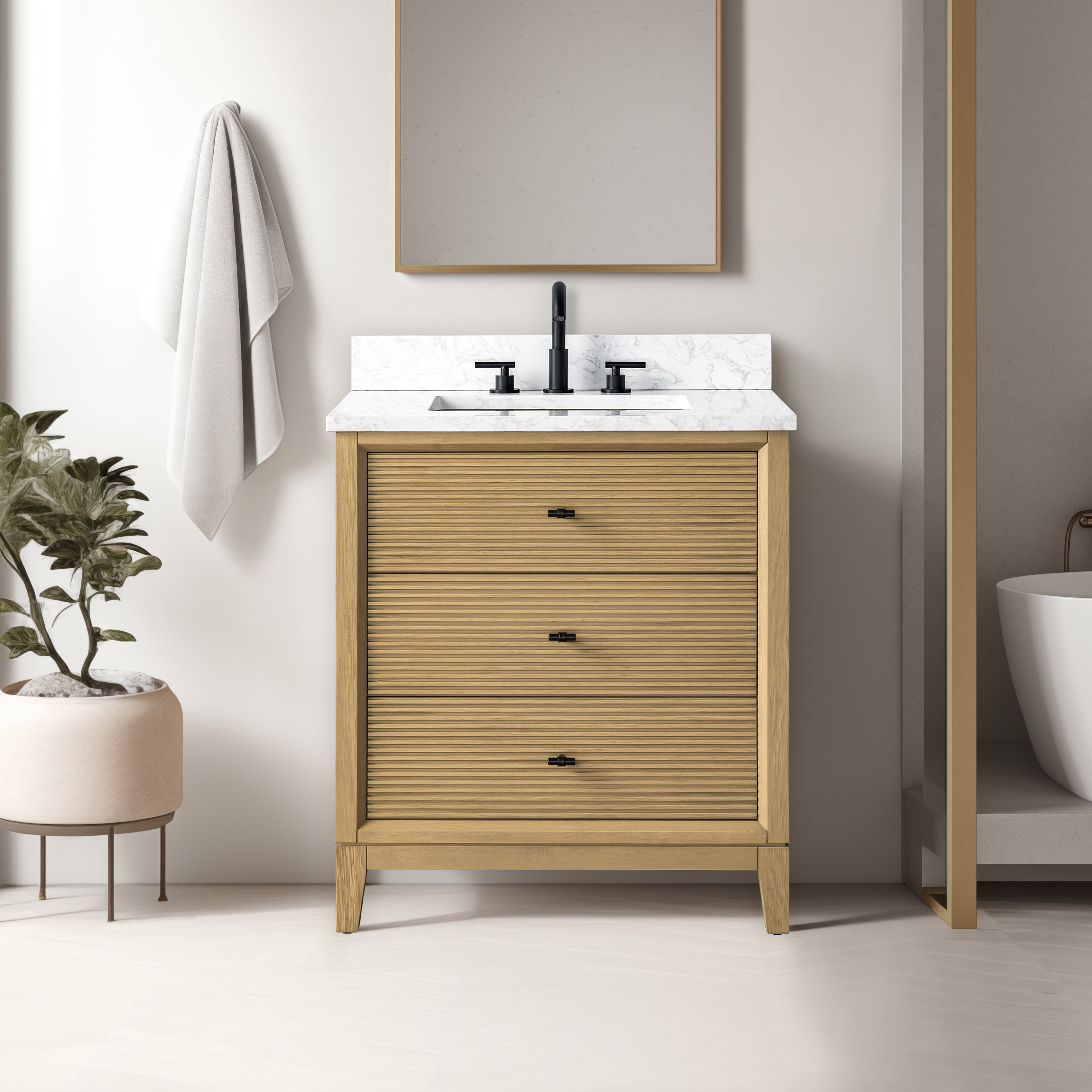 Vanity Art 30" Bathroom Vanity with Sink and Engineered Marble Top, Freestanding Storage Cabinet with 2 Drawers and 1 Flip Down Tray