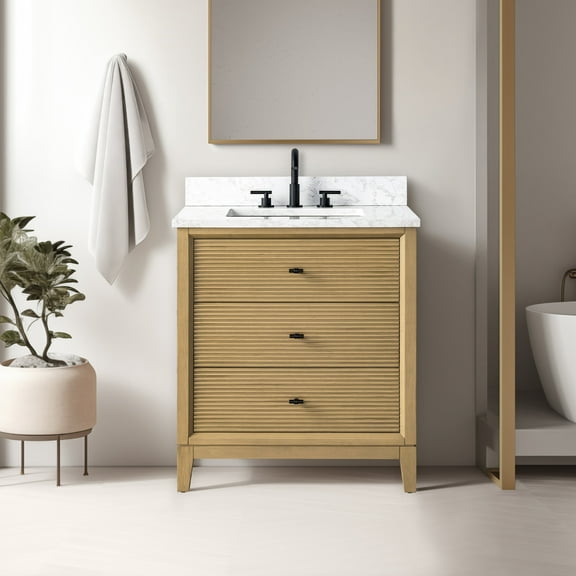 Vanity Art 30" Bathroom Vanity with Sink and Engineered Marble Top, Freestanding Storage Cabinet with 2 Drawers and 1 Flip Down Tray