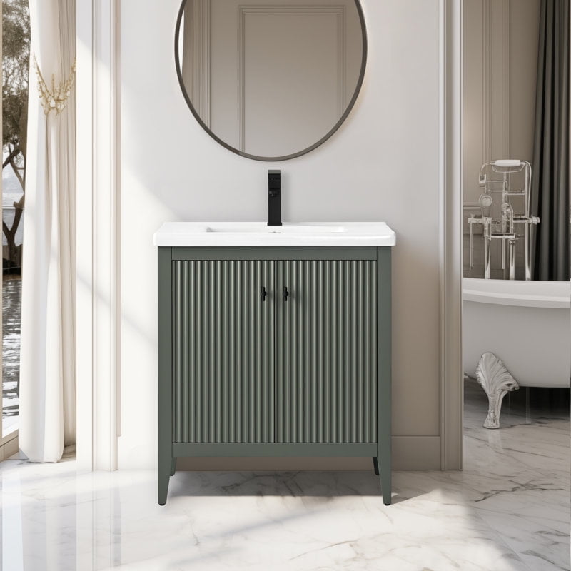 30" Green Freestanding Bathroom Vanity with Ceramic Top