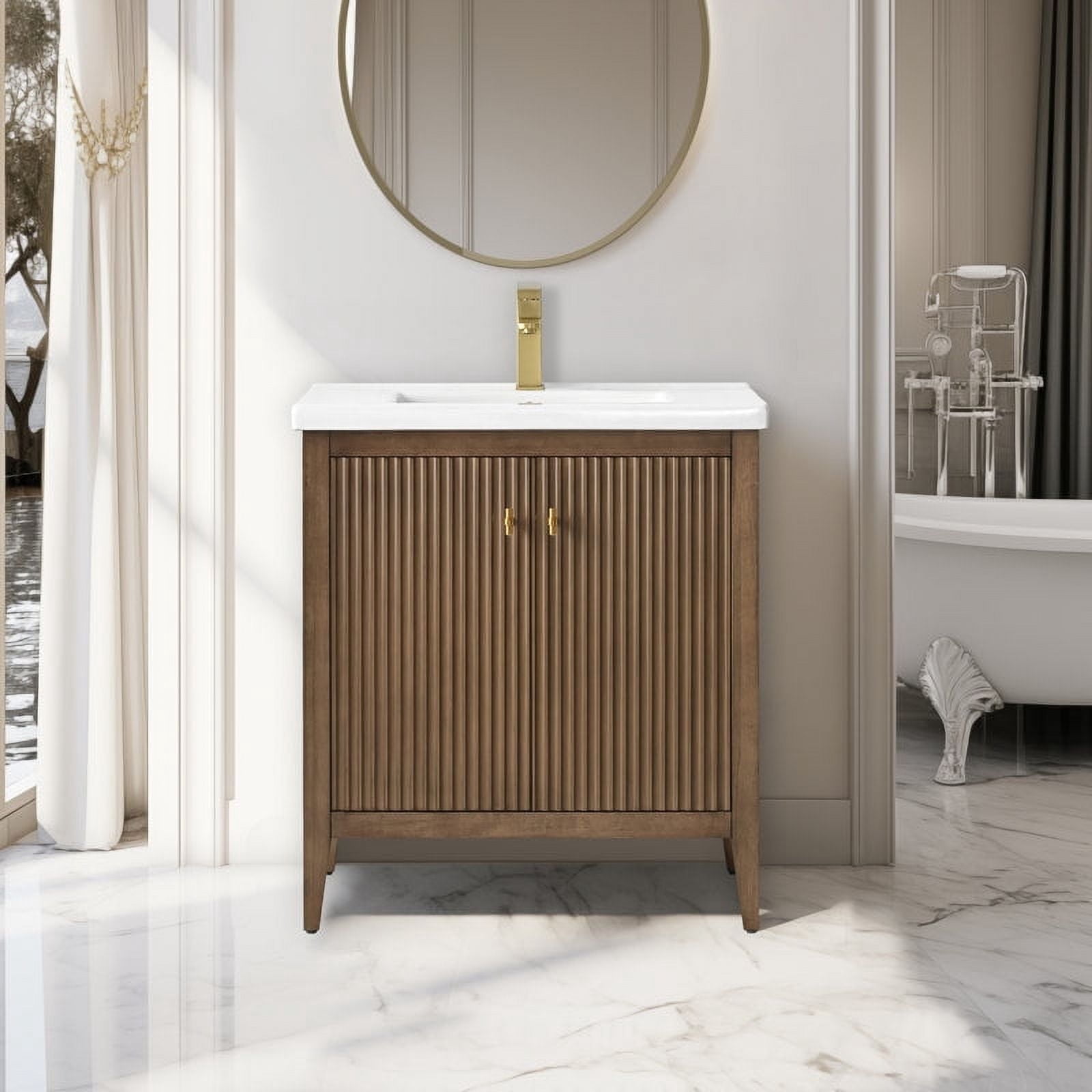 Vanity Art 30" Double Door Bathroom Vanity with Sink, Freestanding Storage Cabinet with Ceramic Top, and Removable Shelve