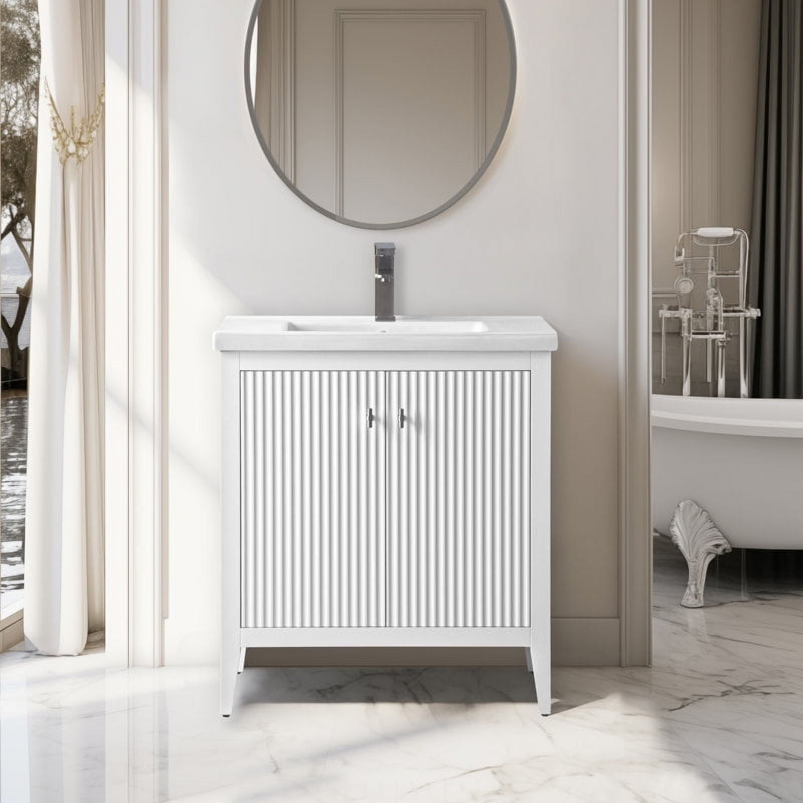 30" White Solid Wood Freestanding Bathroom Vanity with Ceramic Top