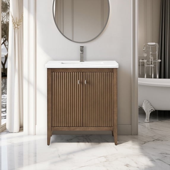 Vanity Art 30" Double Door Bathroom Vanity with Sink, Freestanding Storage Cabinet with Ceramic Top, and Removable Shelve