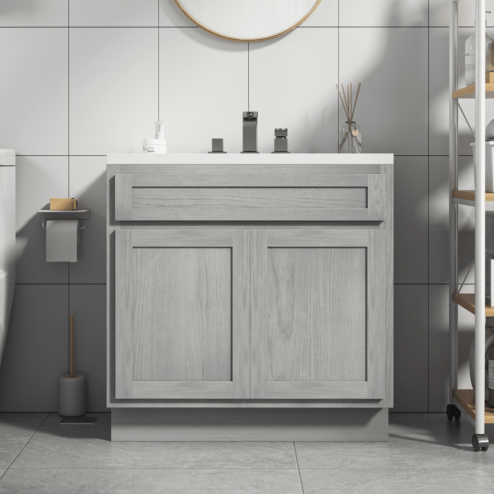 Vanity Art 30 Inch Double Shutter Door Bathroom Vanity Base Cabinet with Soft Closing Shaker Drawer, Strudy Floor Mount Storage Cabinet Organizer for Bedroom, Living Room, Kitchen, VA4030-S