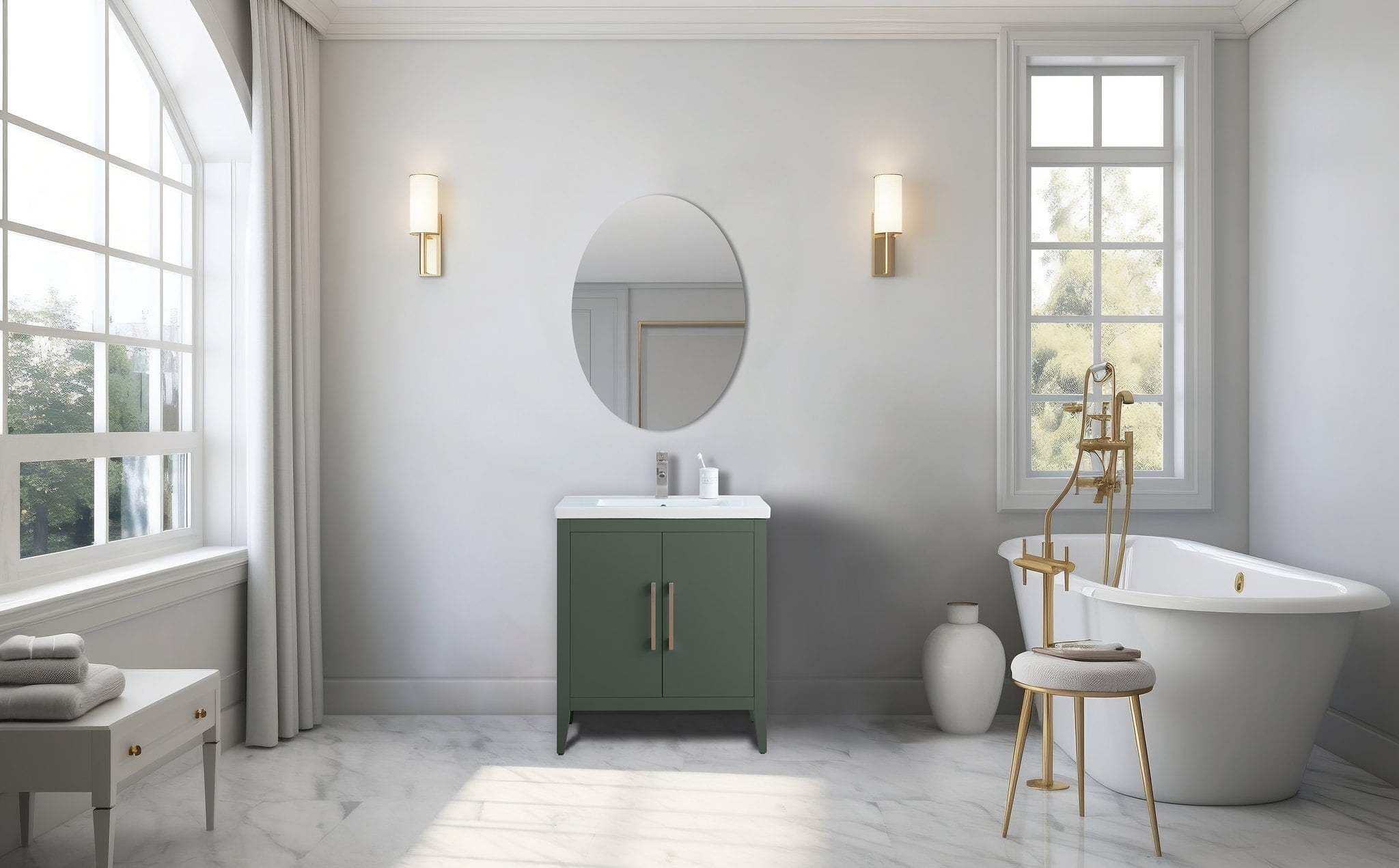 30" Vintage Green Single Sink Bathroom Vanity with Ceramic Top