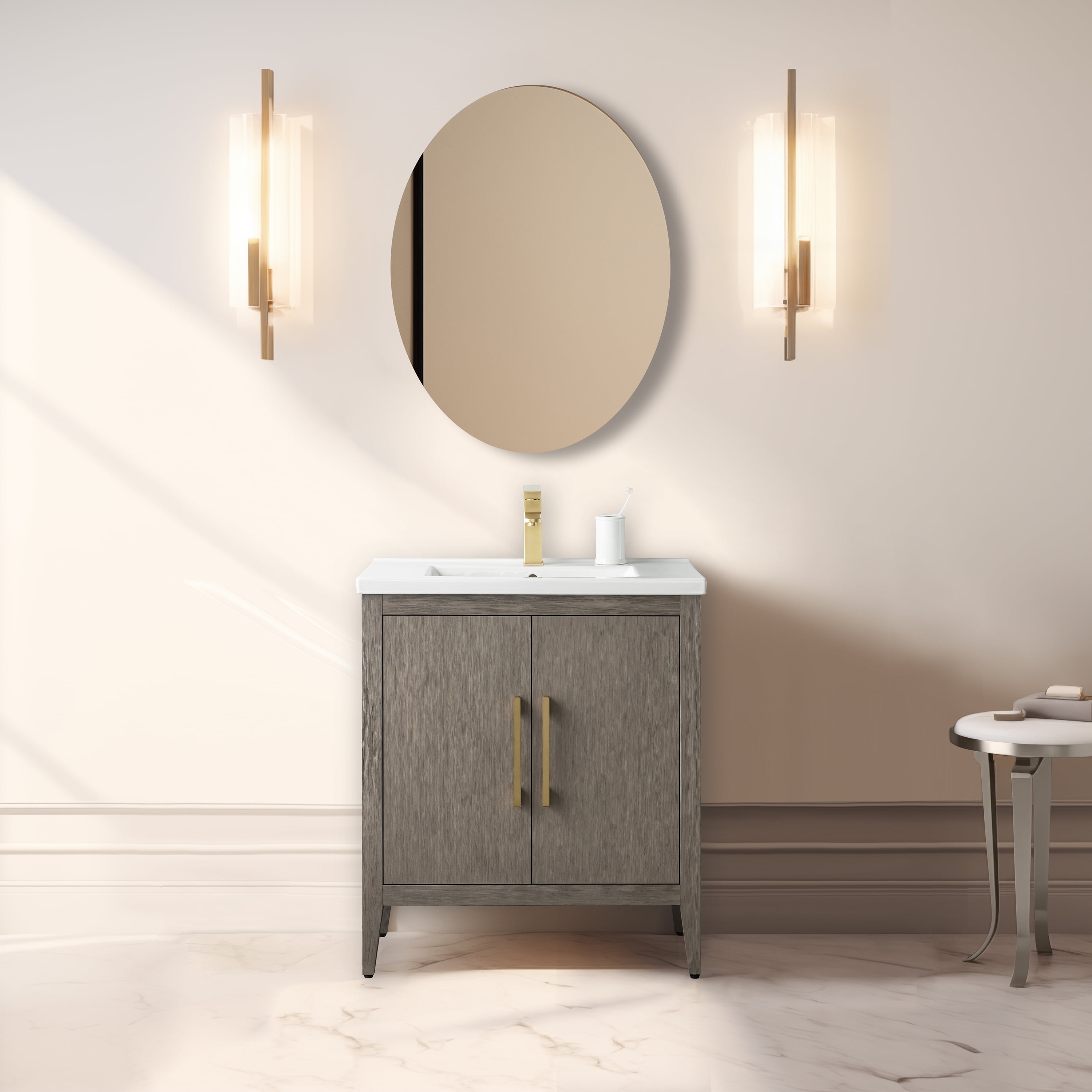 30" Driftwood Gray Single Bathroom Vanity with Ceramic Countertop