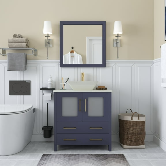 Vanity Art 30" Single Sink Bathroom Vanity Set with Engineered Marble Top and Free Mirror