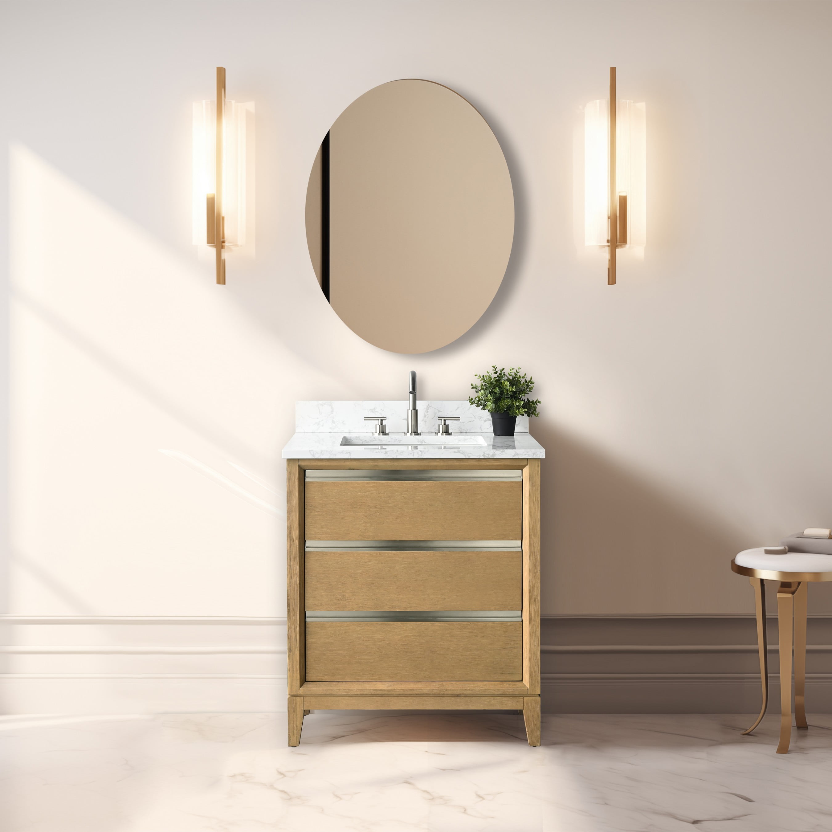 Natural Oak 30" Single Bathroom Vanity with Marble Top