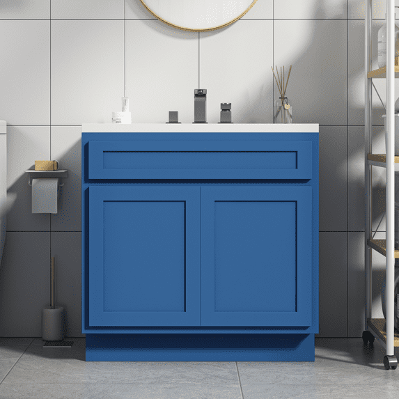 Vanity Art 33 Inch Double Shutter Door Bathroom Vanity Base Cabinet with Soft Closing Shaker Drawer, Strudy Floor Mount Storage Cabinet Organizer for Bedroom, Living Room, Kitchen, VA4033-BLUE