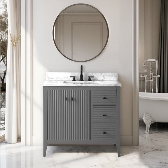 Vanity Art 36" Double Door Bathroom Vanity with Sink, Freestanding Storage Cabinet with Engineered Marble Top, Flip Down Tray, Drawer, and Shelf
