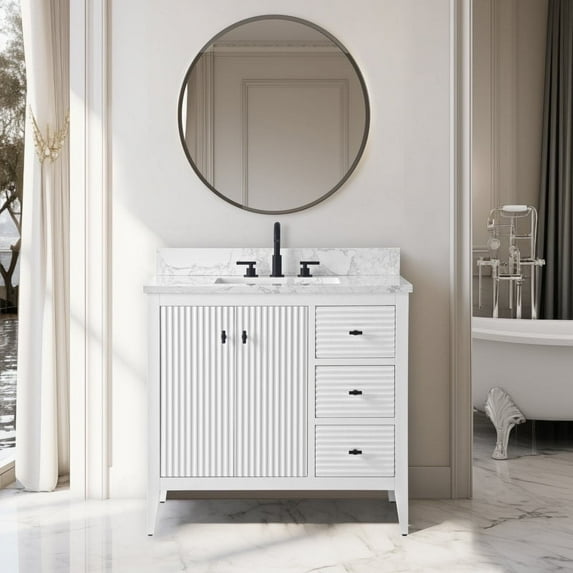Vanity Art 36" Double Door Bathroom Vanity with Sink, Freestanding Storage Cabinet with Engineered Marble Top, Flip Down Tray, Drawer, and Shelf