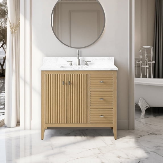 Vanity Art 36" Double Door Bathroom Vanity with Sink, Freestanding Storage Cabinet with Engineered Marble Top, Flip Down Tray, Drawer, and Shelf