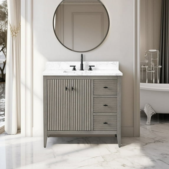 Vanity Art 36" Double Door Bathroom Vanity with Sink, Freestanding Storage Cabinet with Engineered Marble Top, Flip Down Tray, Drawer, and Shelf