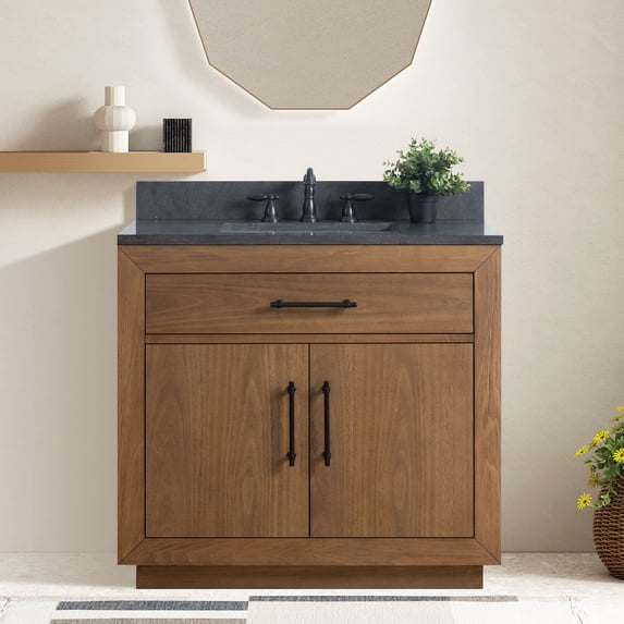 Vanity Art 36" Single Bathroom Vanity with Sink, Freestanding Bath Storage Cabinet with Black Limestone Top