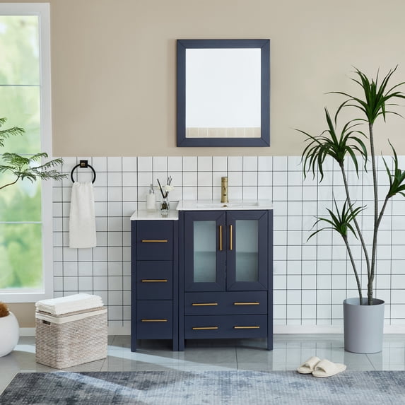 Vanity Art 36 Inch Single Sink Modern Bathroom Vanity Combo Set 2 Cabinets 1 Shelf 5 Dove-Tailed Drawers Ceramic Top Bathroom Cabinet with Free Mirror VA3024-36B