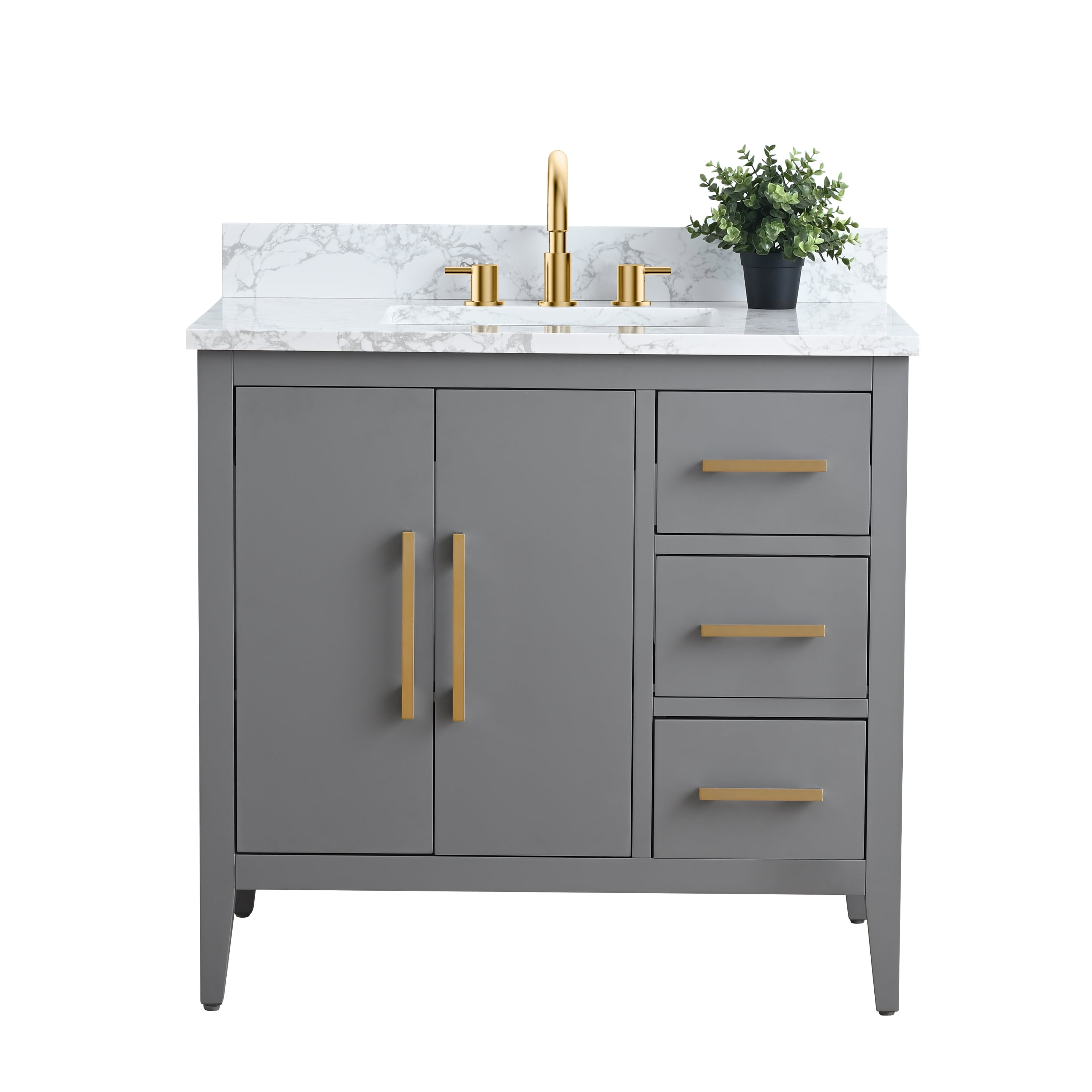 Cashmere Gray Poplar Wood Single Sink Bathroom Vanity with Engineered Marble Top